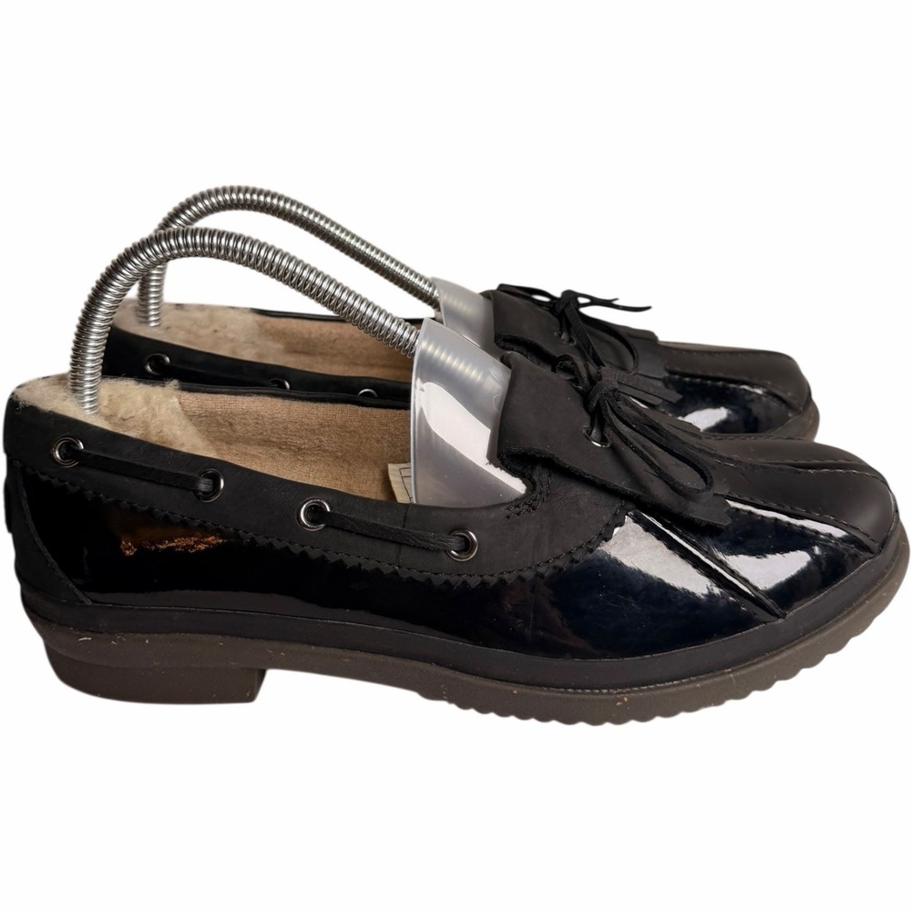 UGG Haylie Duck Shoes Black Patent Leather Suede Kiltie Tassel Loafers Womens 8 - Picture 4 of 11